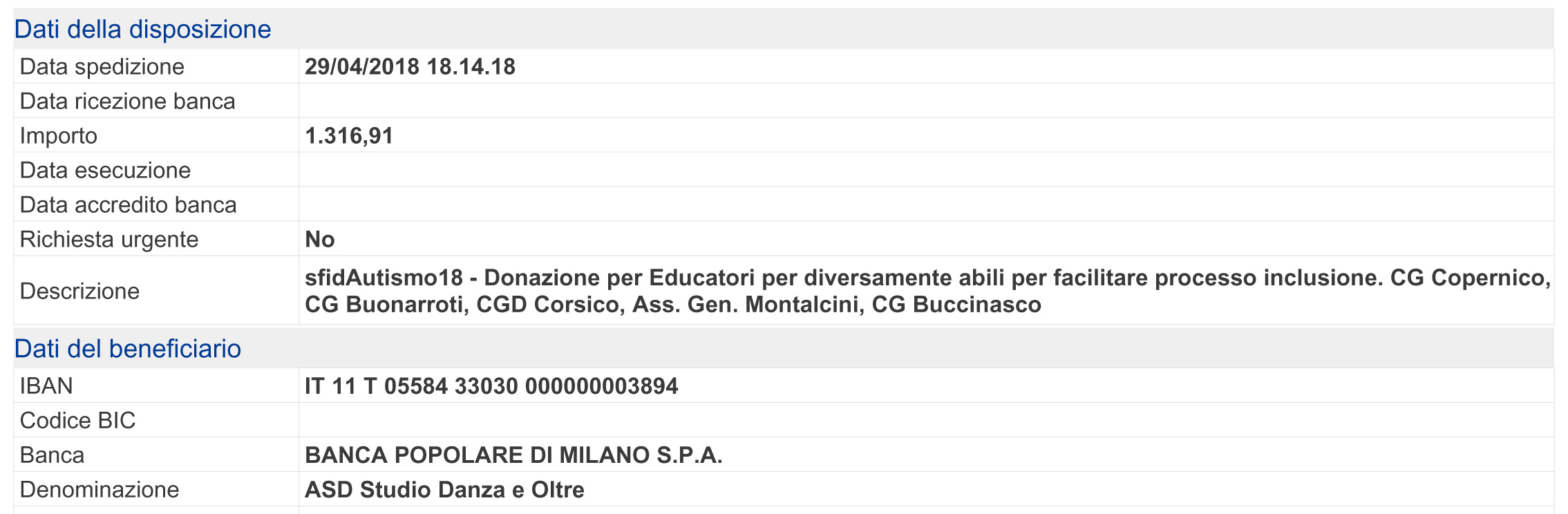 Bonifico Donazione Sfidautismo18